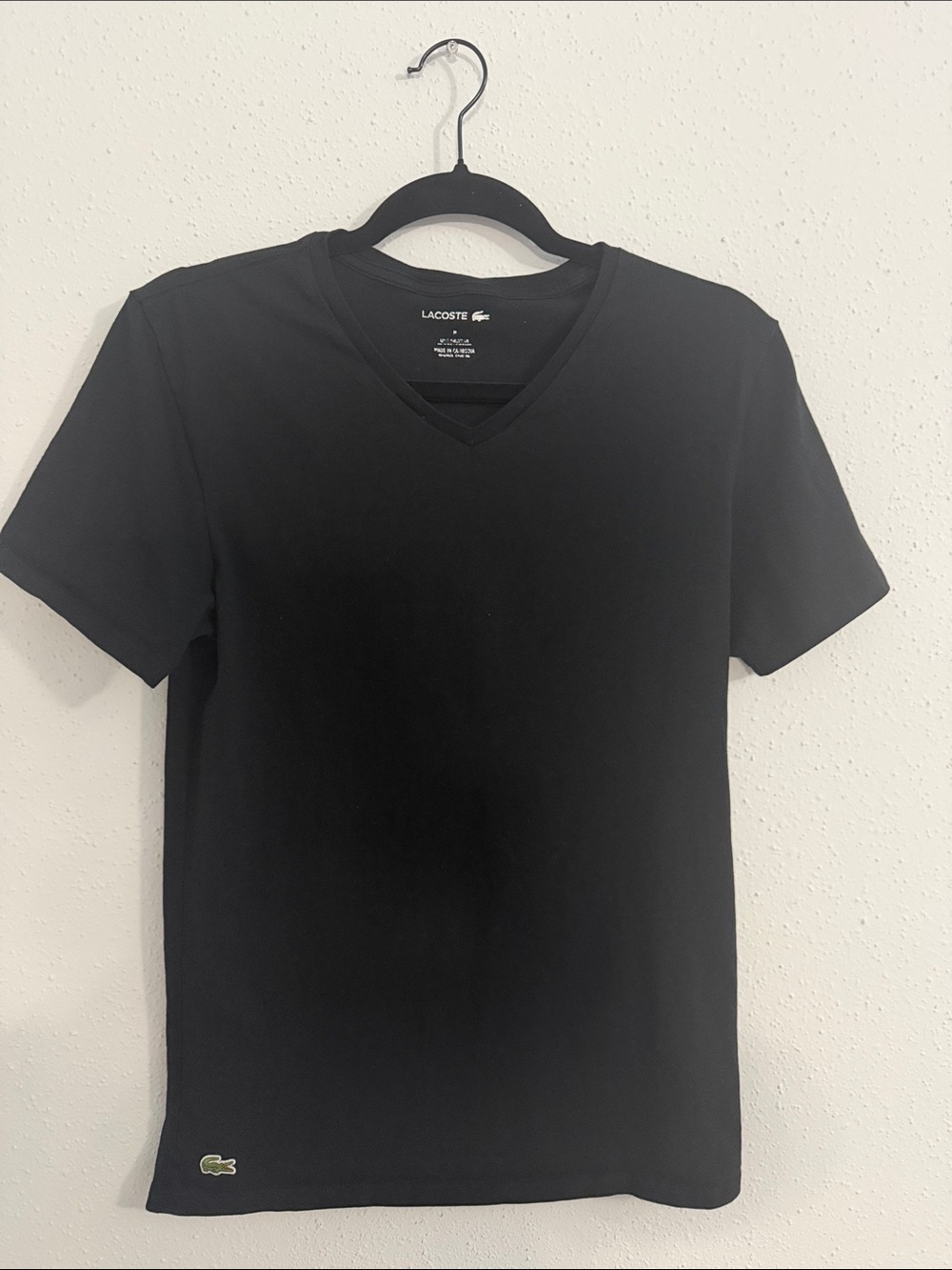 Lacoste Black V-Neck Short Sleeve Tee with Green Crocodile Logo